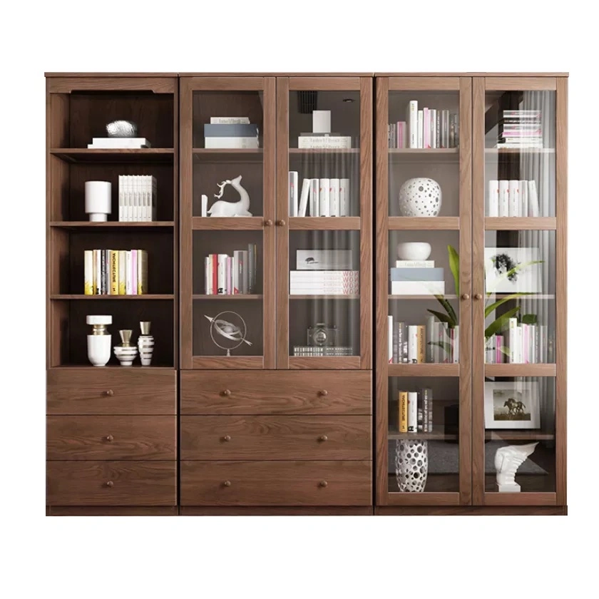 13solid Teak Wood Modern Glass Simple Living Room Bookcase Library Combined Wall Kids Bookshelf