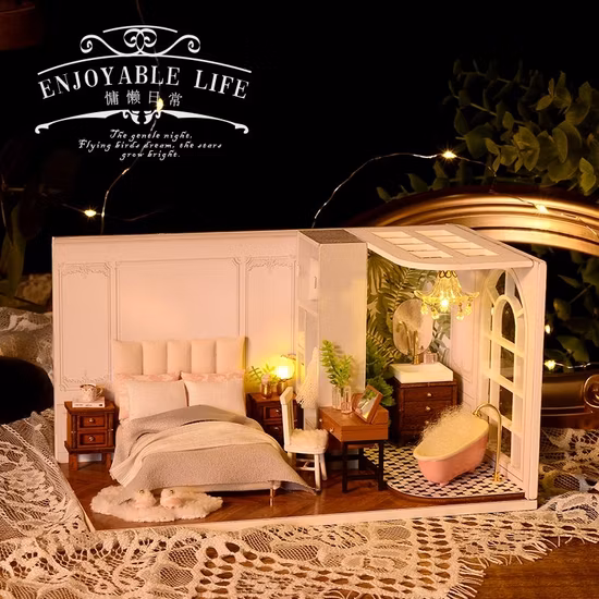 Casa de muñecas en miniatura de juguetes educativos de madera blanca 3D DIY